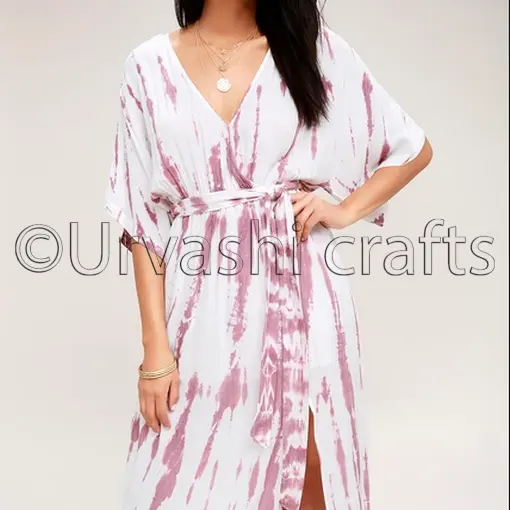 Wholesale Tie Dye Print Long Maxi Dress Relax Fit Dress Mid Waist Belt Boho Dress Retro Wear Beach