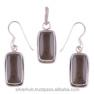 Boucles d'oreilles pendantes en argent sterling 925 à la mode, boucles d'oreilles en pierre de quartz fumée et ensemble de bijoux pendentif pour fournisseur en gros - Product Image 1
