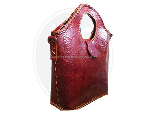 Indian Handicrafts Genuine Leather Bohemian Geometric Pattern Zipper Closure Women's Composite <b>Handbag</b> - Product Image 1