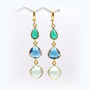 Amazing Multi Gemstone Dangle Drop <b>Earring</b> Pairs Brass Gold Plated Hoop Style Bezel Setting Classic Fashion Jewelry Pair - Product Image 1