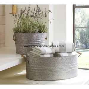 Grand seau de rangement ovale en métal galvanisé avec bordure antirouille, parfait pour le rangement et l'organisation, seau à serviettes, seau à vêtements - Product Image 1