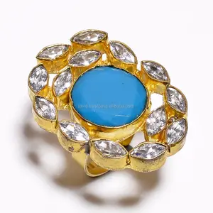 Desain kristal kalsedon cincin vermeil Emas flash asli cincin berlapis emas grosir produsen perhiasan