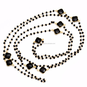 Collar de cadena con cuentas de Rosario con abalorio de trébol de ónix negro de 58 pulgadas para fiesta de compromiso de boda o regalo - Product Image 1