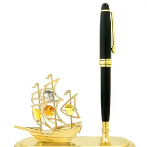 Crystocraft High Quality Gold Plated Metal Sailboat Figurine Pen Set with Brilliant Cut Crystals Corporate Gifts Ideas