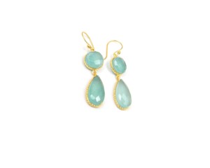 Aqua Chalcedony Doublet Natural Multi Gemstone Jewelry Round and Pear Shape <b>Gold</b> Plated Dangle & Drop <b>Hoop</b> Earring - Product Image 3