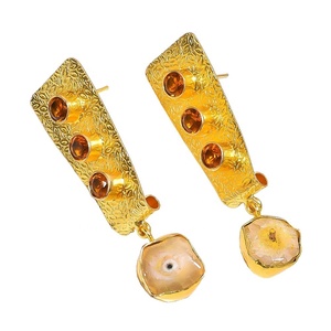 Pendientes de latón chapados en oro de lujo excelente cuarzo Solar Druzy citrino piedra preciosa hermosa forma de fantasía joyería gota estilo de moda - Product Image 1