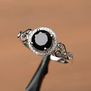 2.00 सीटी एएए गुणवत्ता गोल आकार काले हीरे की हेलो शादी की अंगूठी 14k सफेद सोने में, शादी की हीरे की अंगूठी, काले हीरे की अंगूठी