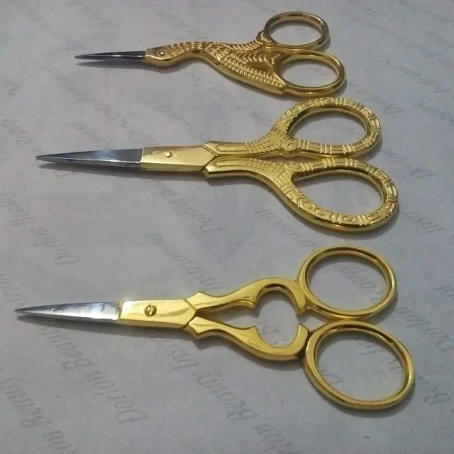 Multi Purpose Print Style/Floral Pattern/Bird stork style eye brow Small Embroidery Fancy Scissors Gold Plated