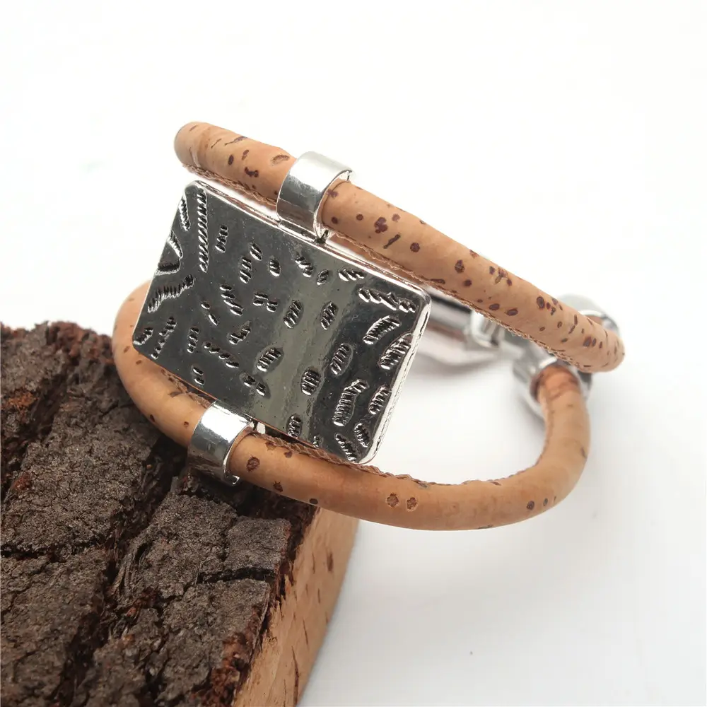 Natural Cork handmade antique sliver Square metal unise bracelet vintage original handmade wooden jewelry From PORTUGAL BR-234