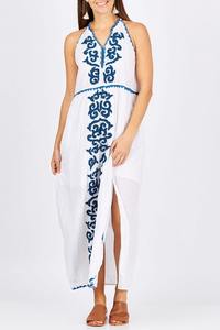 Custom Made Ladies Sweetie <b>White</b> Embroidered Front Button <b>Tie</b> Waist Ruffle Hem Maxi Dress Latest Elegant Designer Sexy Long Gown - Product Image 3