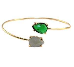 Checker cut pera forma gris Calcedonia con verde esmeralda cuarzo brazalete abierto pulsera 18K chapado en oro dos piedras preciosas pulsera - Product Image 1
