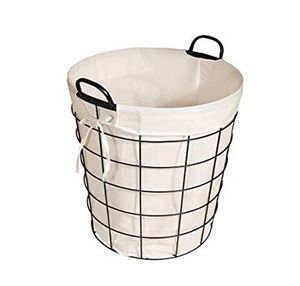 Panier rond en fil de fer avec doublure en métal blanc - Product Image 1