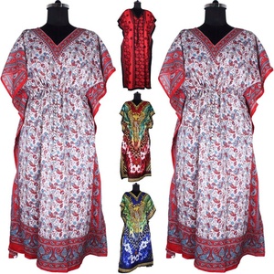 2025 playa tamaño libre 100% algodón mujeres Batwing largo Kaftan vestido de calidad superior bloque de mano impreso diseño Floral Kaftan tamaño libre - Product Image 1