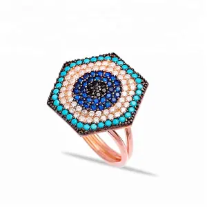 Cincin Perak Eye Of Evil Batu Campur Bentuk Segi Enam Cincin Turki Grosir Buatan Tangan 925 Perak Murni Perhiasan