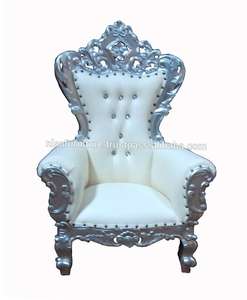 Silla de Trono Infantil de Estilo Barroco con Respaldo Alto, Color Blanco Plateado, Muebles para Fiestas de Boda, Madera Maciza, Cuero, Estilo Casual para Sala de Estar - Product Image 1