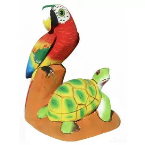 Balsa Wood Colored Parrot and Turtle Nice Original Hand Crafted Figurines, Carvings of Ecuador