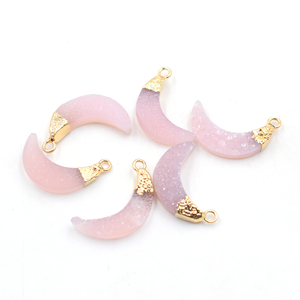 Pink Druzy 16 to 18 MM With Bail Moon Shape Gold Plated Pendant For Jewellery Making - Product Image 1