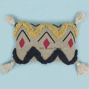 Decorative Lumbar 14 x 20 Cotton Pillow Case Indian Home Decor Hand Tufted Cushion Cover, Customizable Wholesale Pom Pom Throw P - Product Image 1