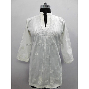 Tunique brodée à la main pour femmes, vêtements féminins en coton, Kurtis, blanc, Top, Blouse, - Product Image 1