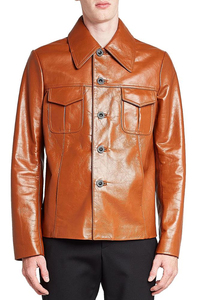 Nouveau Slim Fit hommes Tan Safari veste en cuir formel col montant peau de vache Vintage moto Biker Style - Product Image 4