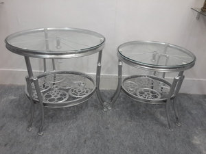 Modern Industrial <b>Glass</b> Metal Nesting <b>Side</b> <b>Table</b> Set with Decorative Gear Shelf Round Accent Furniture for Stylish Home Interior - Product Image 1