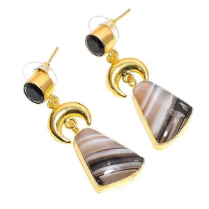 Botswana agate black onyx brass earrings handmade jewellery supplier gold plated high quality gold vermeil brass earrings