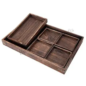 卸売装飾手作りトレイ素朴な木製正方形サービングトレイ仕切りボックス付きインド輸出業者卸売価格