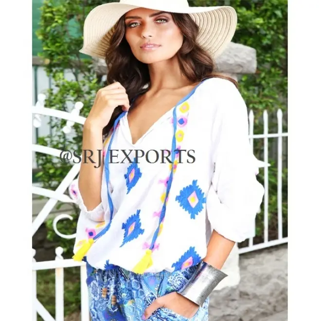 Summertime Fashion Made in India Lightweight Crinkle Cotton Relaxed Fit V Opening Tassled Tie Scoop Hem Women Beach Blouse Top