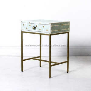 Meilleure vente Tabouret indien de luxe en incrustation d'os fait à la main avec support en fer Table d'appoint exquise pour salon, chambre ou entrée - Product Image 1