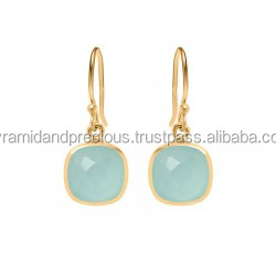 Pendientes Colgantes de Plata de Ley Chapados en Oro con Calcedonia Aqua, Engaste de Bisel, Gema Facetada de 12 mm, Regalo para Mujer - Product Image 2