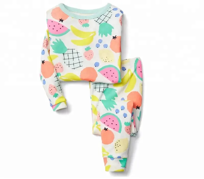 Vruchten Gedrukt Meisjes Katoenen Pyjama Set Oem Service Gebreide 100% Katoen Kinderkleding Sets Night Jurk Voor Meisjes Ademend