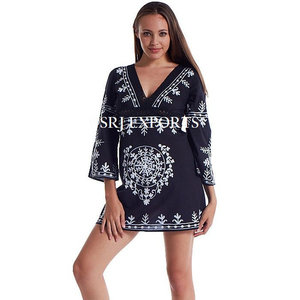Professional Haute Couture Stunning Traditional Stitch Embroidered Sleeve Slit Women Beach Bikini Cover Up Tunic Midi Dress - Product Image 1
