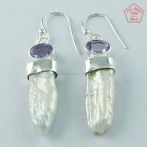 925 Sterling Silver Unique <b>Drop</b> <b>Earrings</b> Amethyst & <b>Pearl</b> Stone Jewelry for Women & Girls Direct From India - Product Image 3