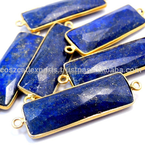 Conector de barra de doble fianza de lapislázuli, colgante de bisel de plata de ley chapado en oro Vintage, chapado en rodio - Product Image 1