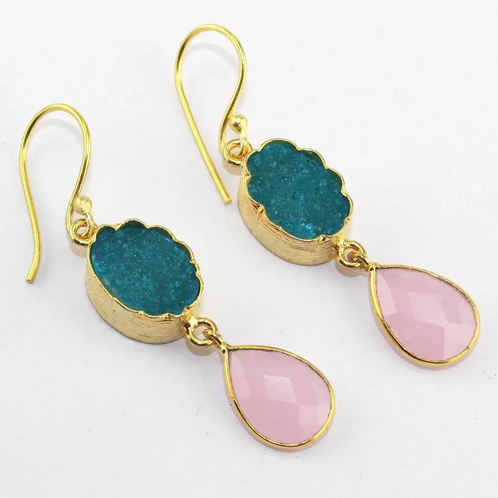 Fine quality natural sky blue druzy & pink chalcedony gemstone earring brass golf plated drop earring women birthday earring