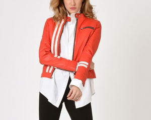 แจ็กเก็ตหนังทรงสลิมฟิตสำหรับผู้หญิงเสื้อโค้ทระบายอากาศได้พร้อมแถบตกแต่งเสื้อผ้าสำเร็จรูป - Product Image 4