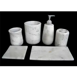 Natural White Marble Custom Badezimmer Set und Bad zubehör für Zuhause und Hotels Zahnbürsten halter Cotton Box Toiletten bürste