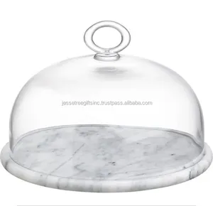 Wholesale Luxury White Marble Cake Stand With Glass Top Stone Polish Finishing For Wedding And Birthday Vintage Design