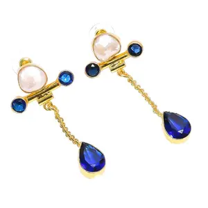 Royal blue quartz white pearl gemstone earrings brass gold plated jewelry Indian silver golf vermeil earrings suppliers