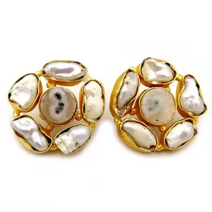 Solar Agate With Small Pearls Along Circle Stud Handmade Beautiful Earrings