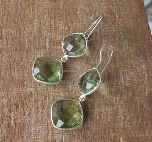 Handmade Faceted Green Amethyst Quartz <b>Gold</b> Plated <b>Dangling</b> Gemstone <b>Earrings</b> - Product Image 1