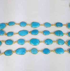 Pierre précieuse Turquoise taille 10-14mm plaqué or connecteur de lunette chaîne laiton métal pierre précieuse chaîne de lunette - Product Image 2