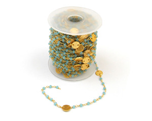 Aqua Chalcedony Gemstone <b>Beads</b> Charm Gold Plated Jewelry Wire Wrapped Beaded <b>Rosary</b> Chain - Product Image 3