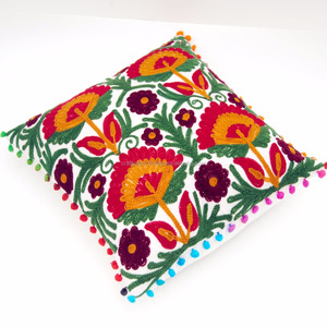 Artisanal Woolen Embroidery Square Cushion Cover White Cotton Throw Pillow Case for Sofa Bed <b>Chairs</b> and Accent Interior Decor - Product Image 4