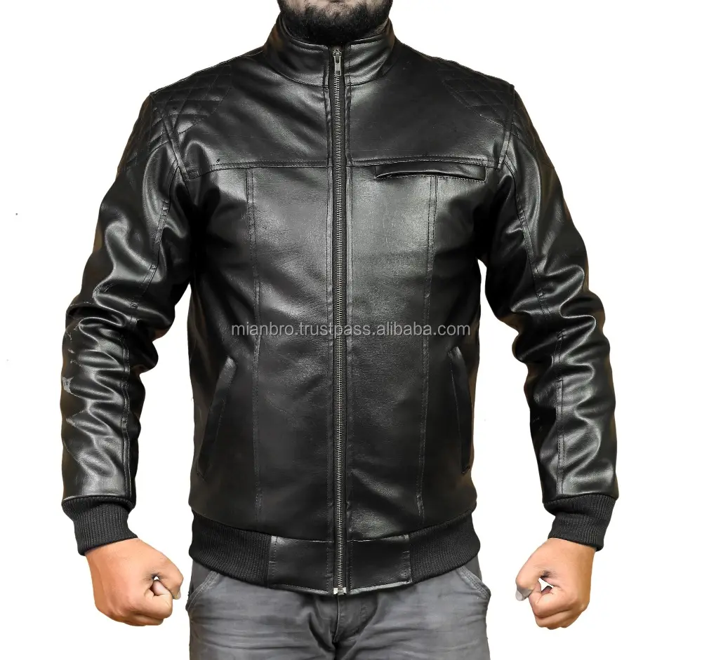 Custom Black Leather Bomber Jacket for Men with Quilted Pattern