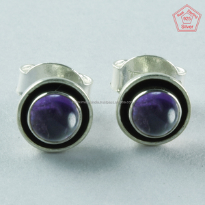 925 <b>Sterling</b> <b>Silver</b> <b>Stud</b> <b>Earrings</b> with Attractive Amethyst Stone for Wedding Party or Engagement Gold Material for Gift - Product Image 2
