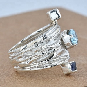 แหวนพลอยอิโอไลต์สีฟ้าบุษราคัมแข็ง925เงินสเตอลิงแฟชั่นงานแต่งงานเครื่องประดับอินเทรนด์สำหรับผู้หญิงเด็กผู้หญิง - Product Image 3