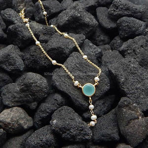 สร้อยคอโซ่ทำด้วยมือพลอยคาลซิโดนีน้ำแฟชั่นใหม่สำหรับทุกเพศของขวัญวันครบรอบแต่งงานทำจากทองเหลืองชุบทองและตัวเลขไม่ซ้ำกัน - Product Image 2