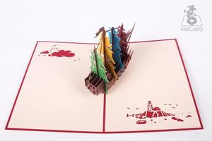 Carte pop-up Kirigami nouvellement fabriquée Design de bateau en bois coloré Artisanat en papier pour les occasions d'amour d'anniversaire Vietnamien - Product Image 4