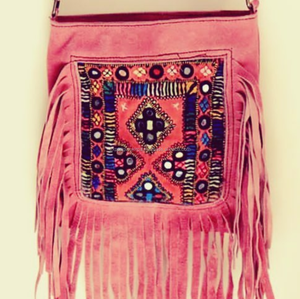 Bolso de Mensajero de Cuero Vacuno Estilo Boho para Mujer, Hecho a Mano, con Correa de Hombro, Bordado Geométrico, para Eventos Nocturnos, Compras, Estilo Indio - Product Image 1